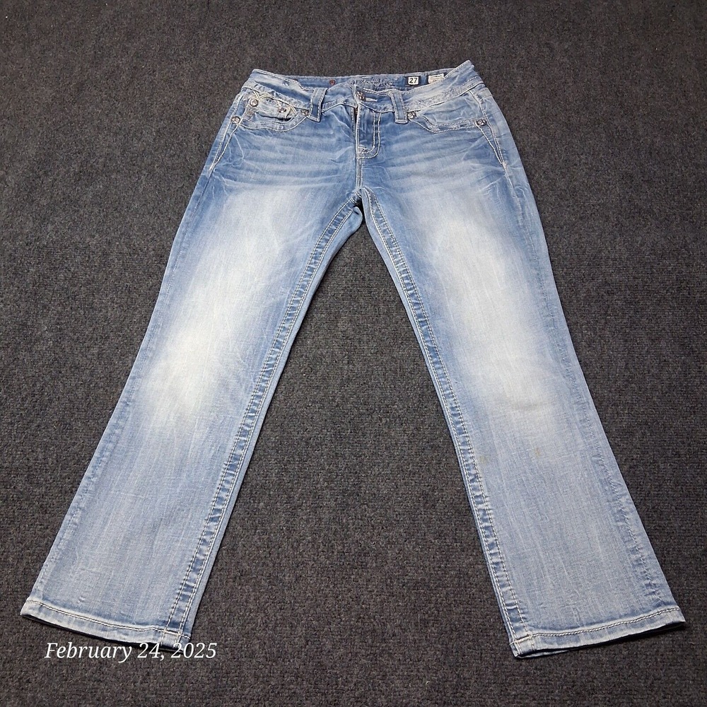 Miss Me Jeans Women SZ 27 Light Blue‎ Crop Fluer De lis Studded Sequins